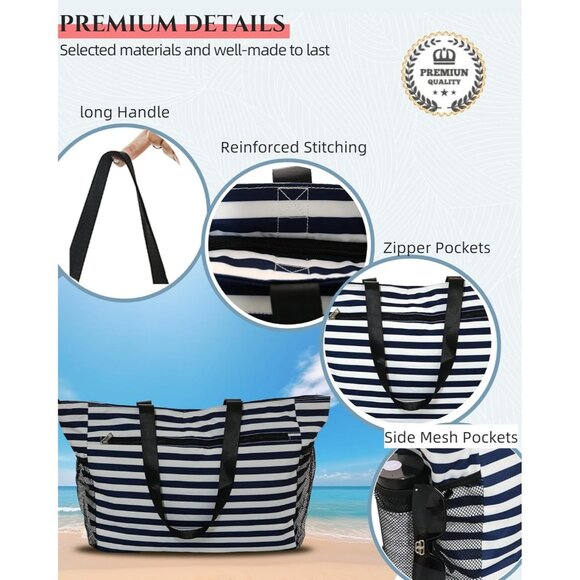 Women's Blue Stripe Tote Bag Large Utility Bag with Pockets Zip for Teacher Work - Picture 4 of 7